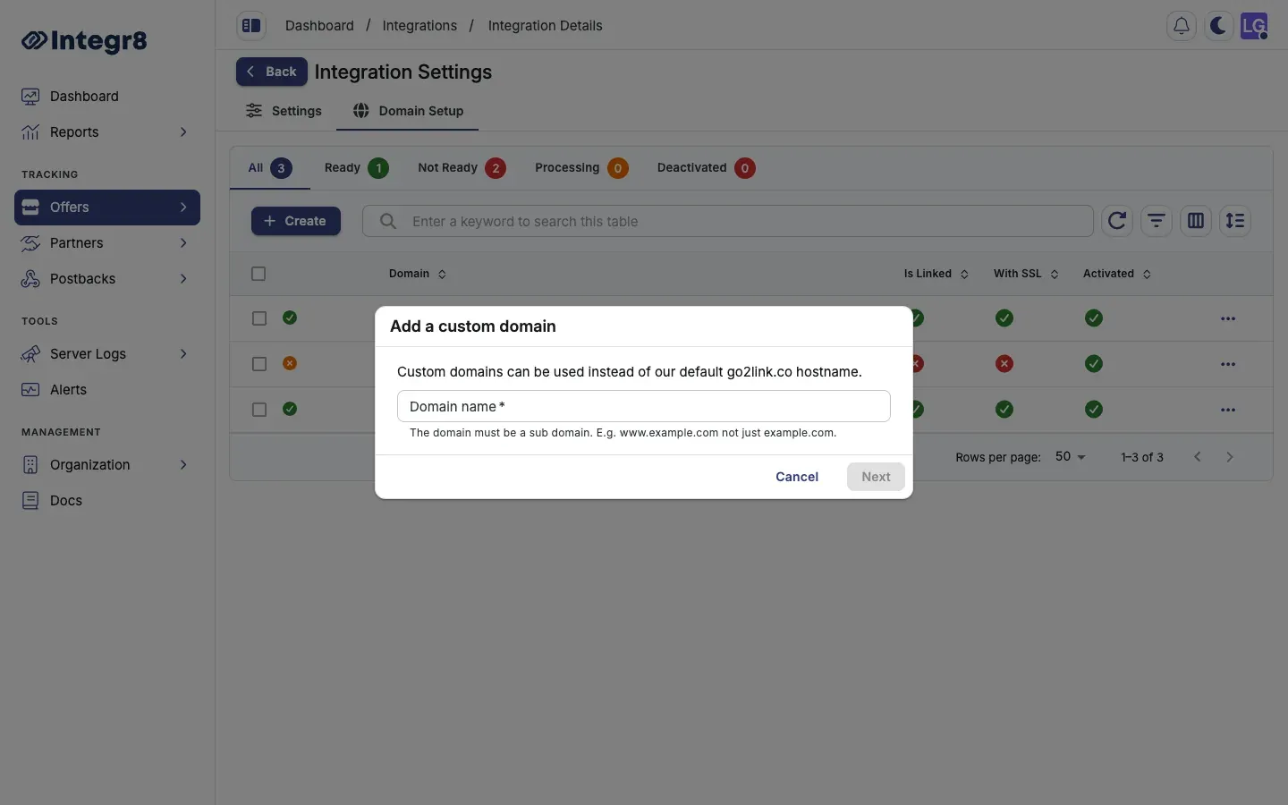 The Add a custom domain dialog