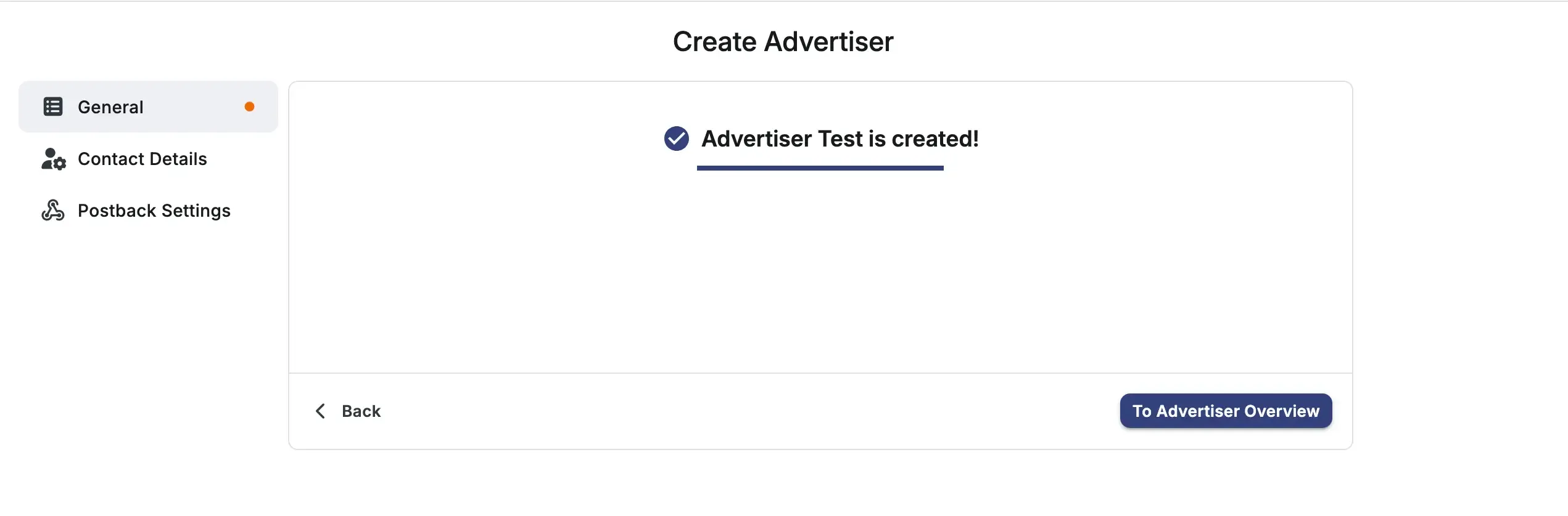 The post-creation view with To Advertiser Overview and Back options