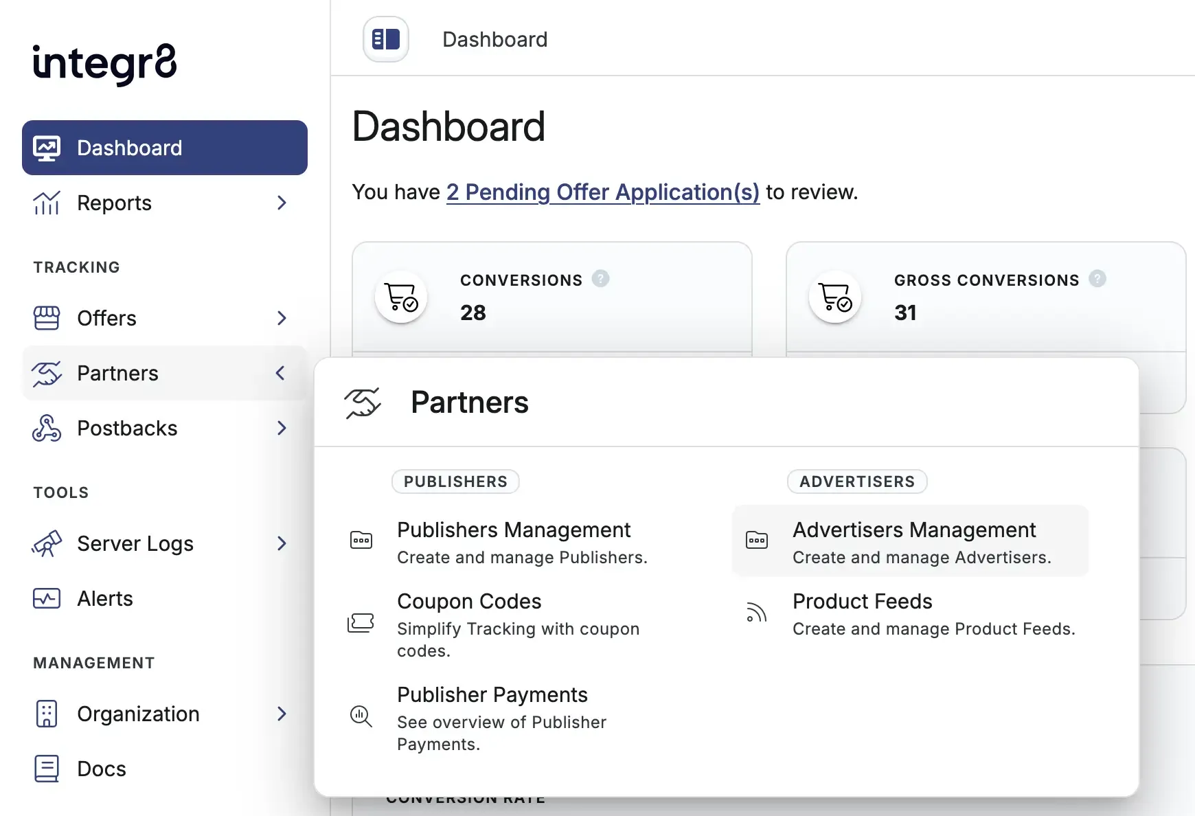Sidebar navigation showing Advertisers Management