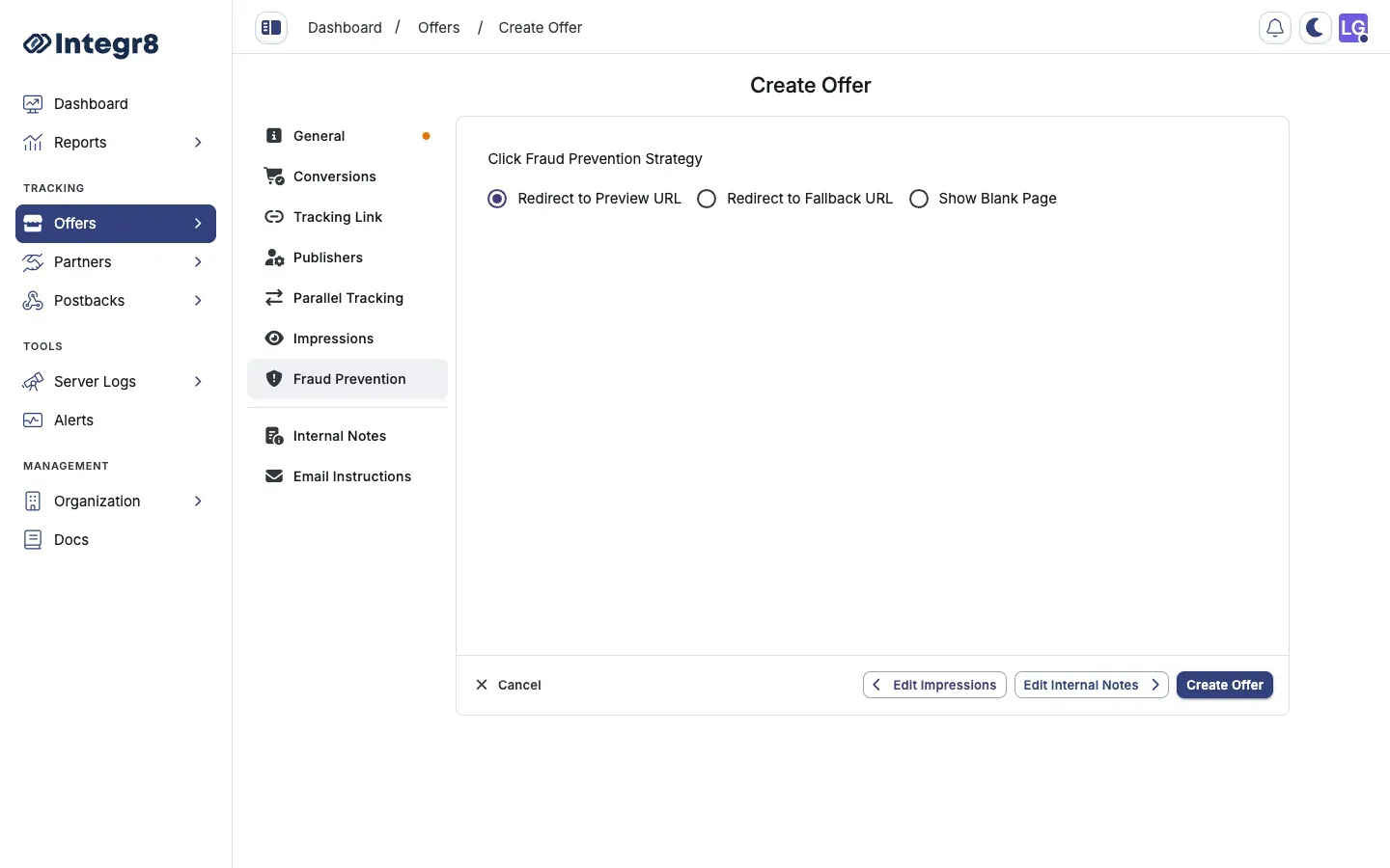 The Fraud Prevention section with the redirect strategy options