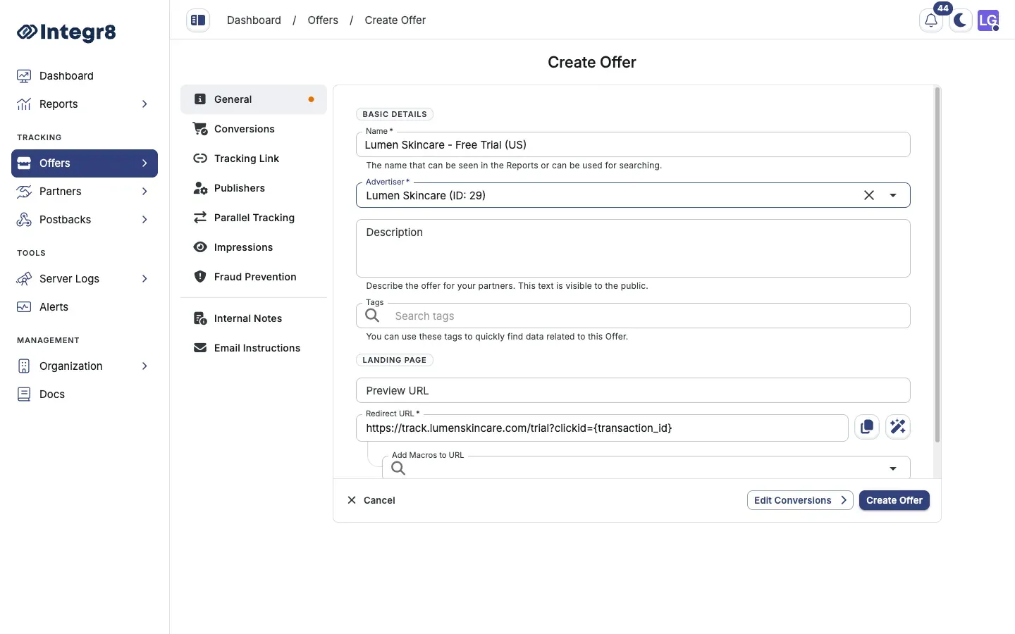 The General section of the Create Offer form