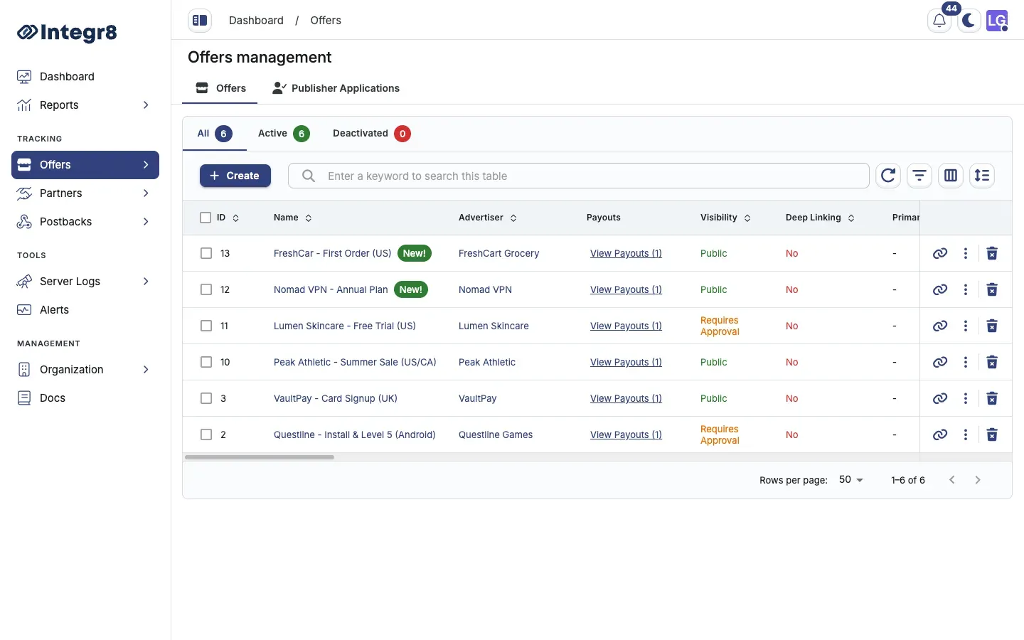 The Offers Management list with the Create button