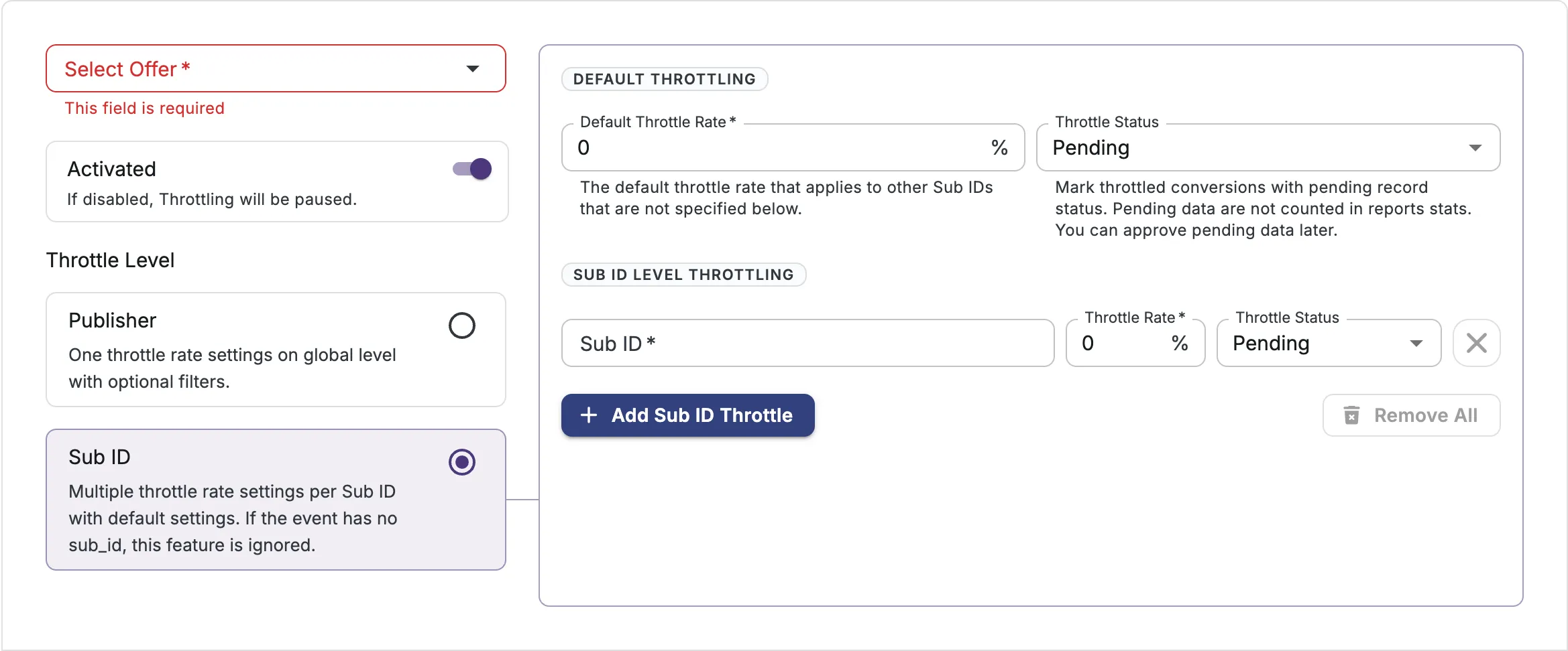 Sub ID throttle level settings