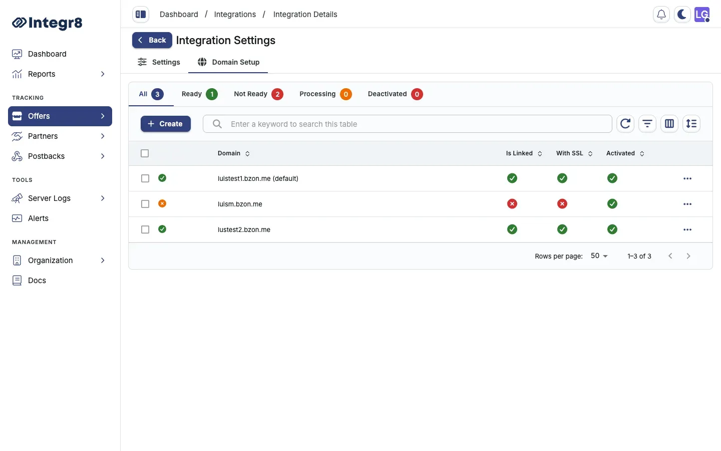 The Domain Setup tab listing tracking domains