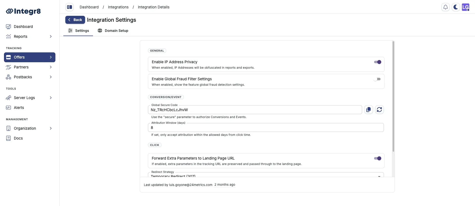 The Global Settings tab with global tracking defaults