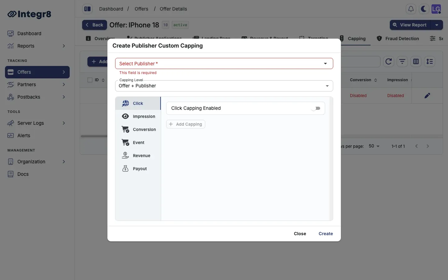 The Create Publisher Custom Capping dialog