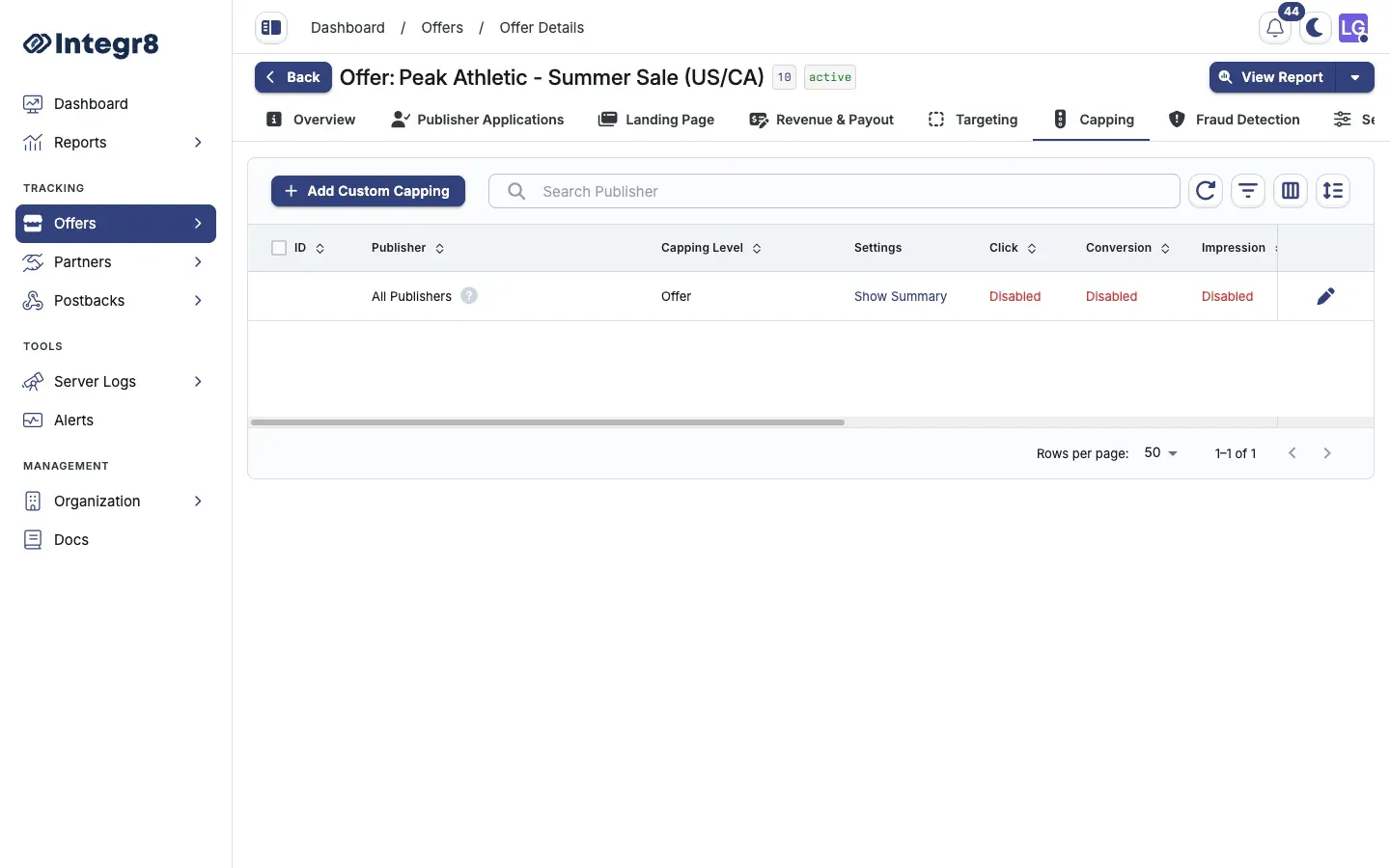 The Capping tab with the All Publishers row