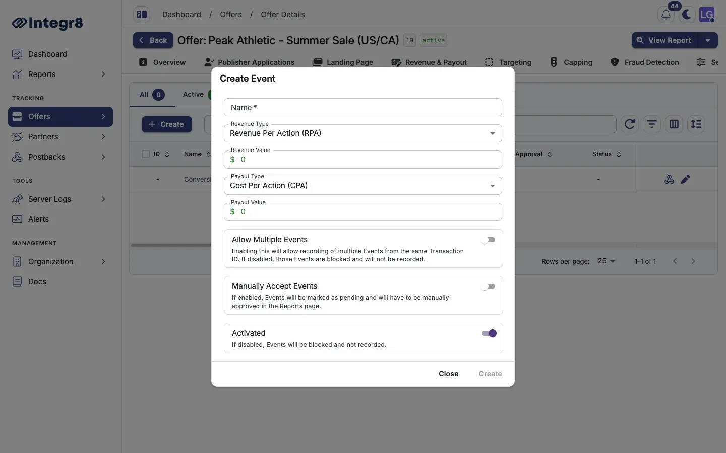 The Create Event dialog