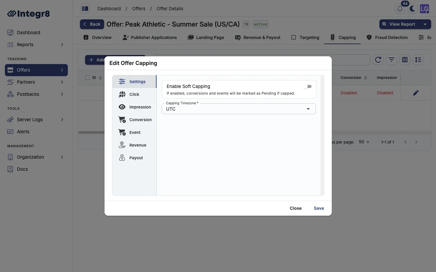 The Edit Offer Capping dialog with soft capping and timezone settings