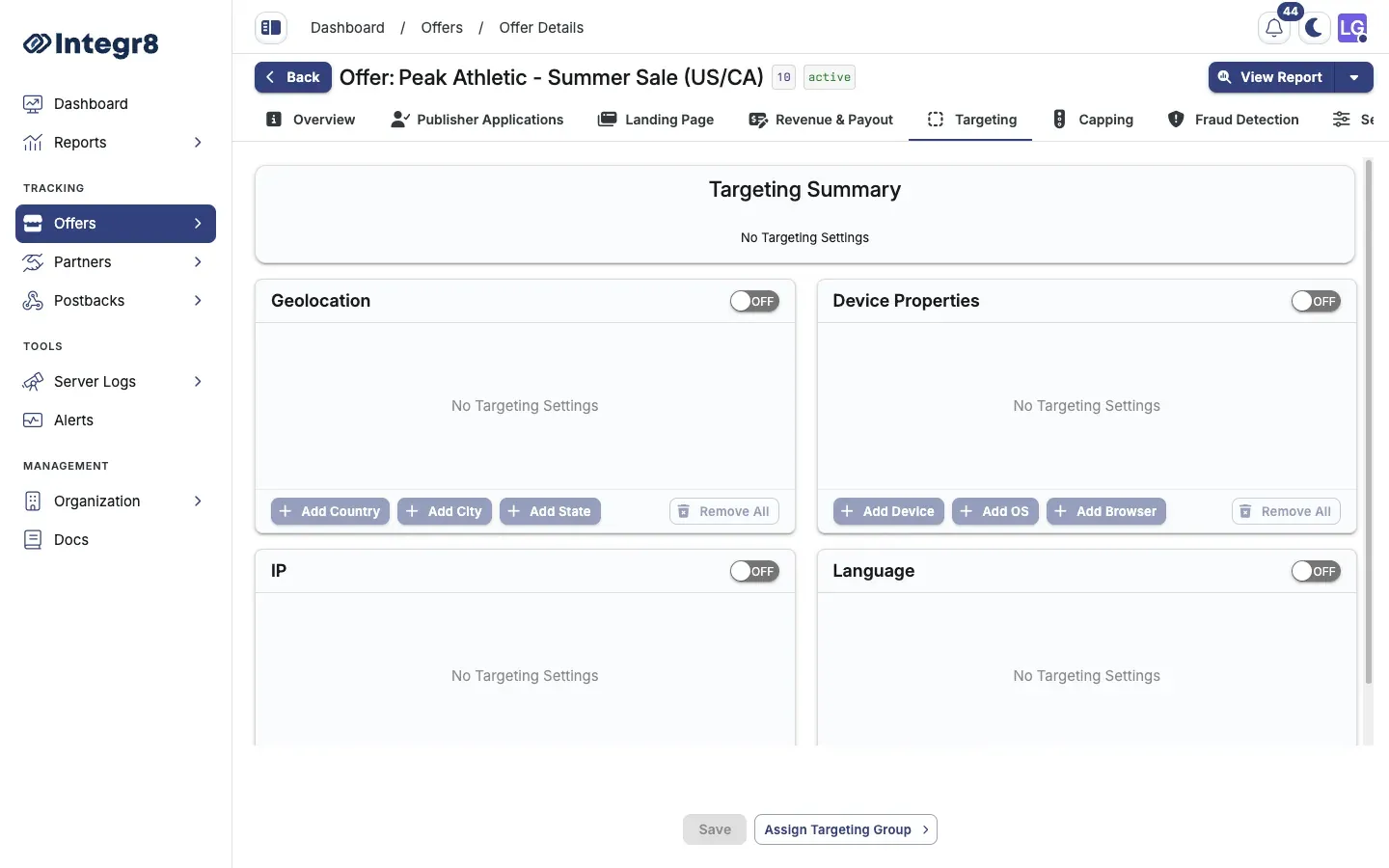 The Targeting tab with Geolocation, Device Properties, IP, and Language cards