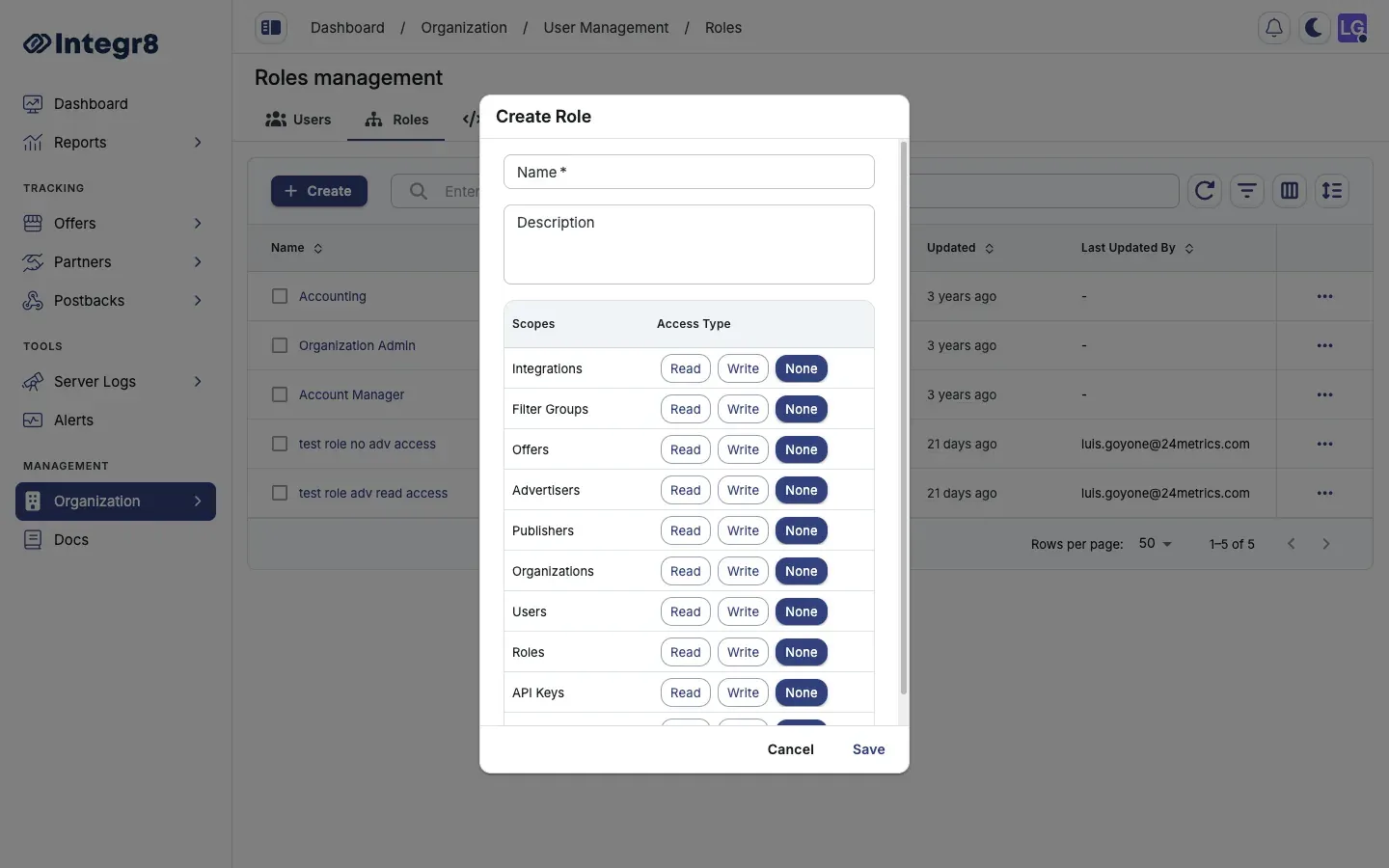 The Create Role dialog with per-scope Read/Write/None access