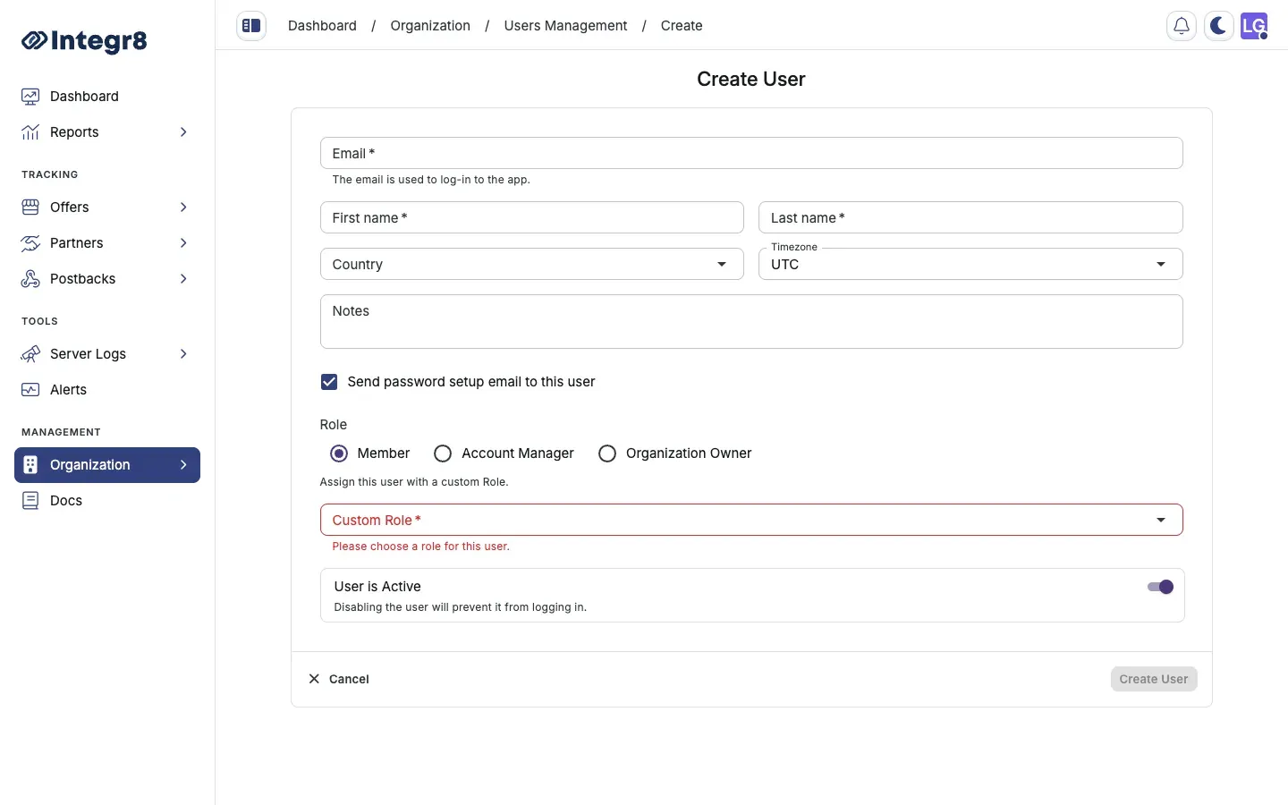The Create User form