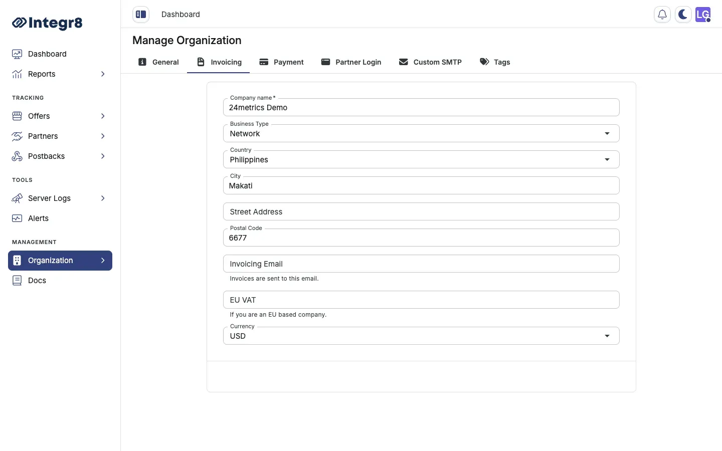 The Invoicing tab with billing details