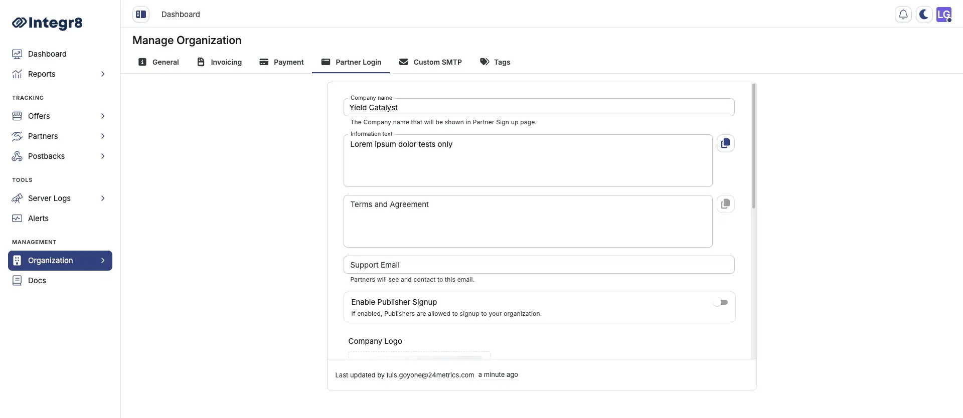 The Partner Login tab with publisher portal settings