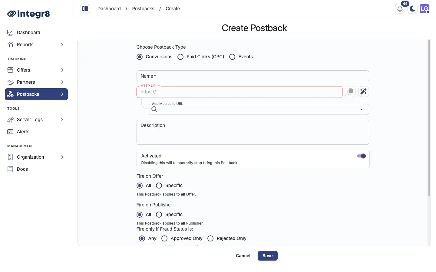 The Create Postback form