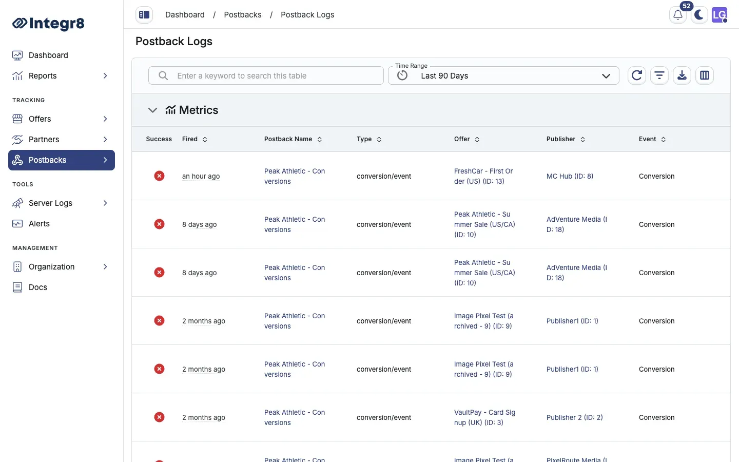 The Postback Logs table with fire status per row
