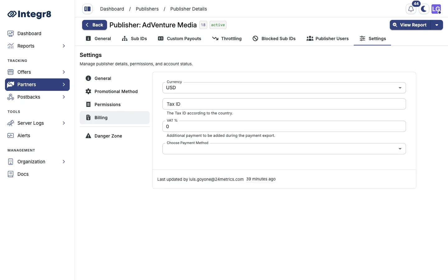 The Billing section under a publisher’s Settings tab