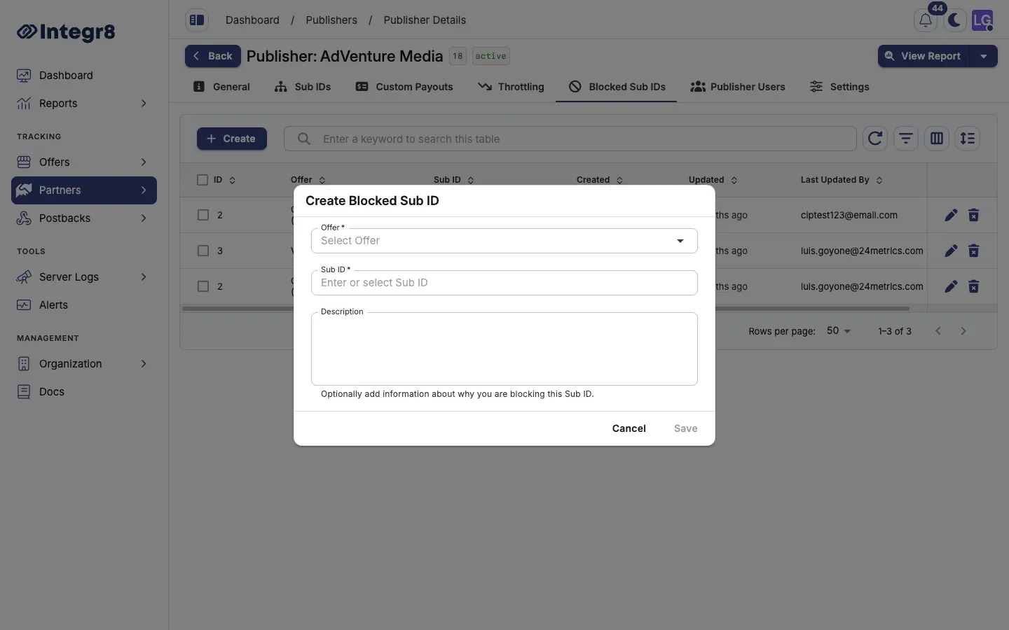 The Create Blocked Sub ID dialog