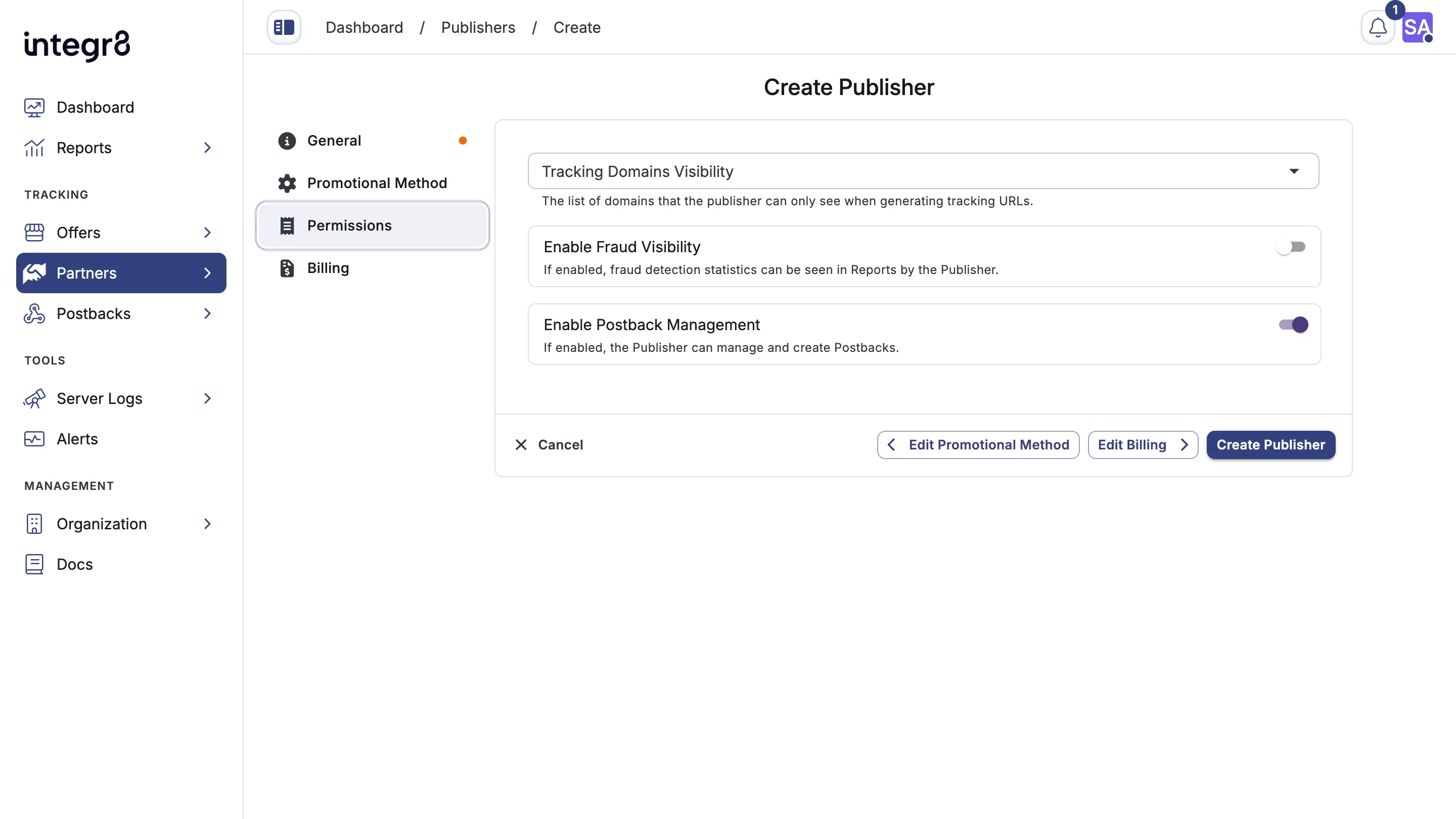 Create Publisher Manual Permissions tab