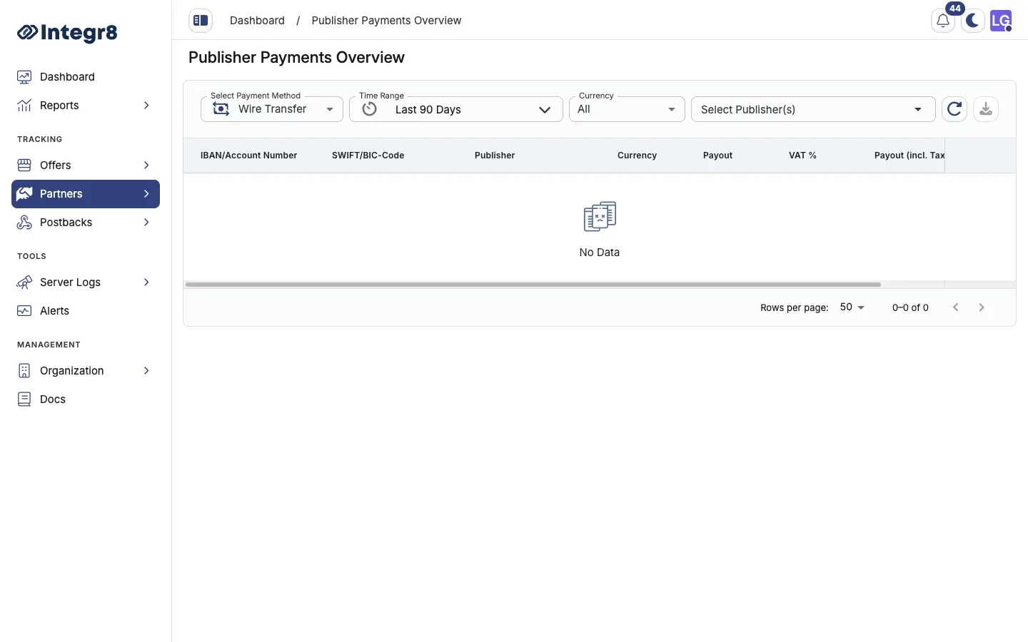 The Publisher Payments Overview with payment-method, time range, and currency filters