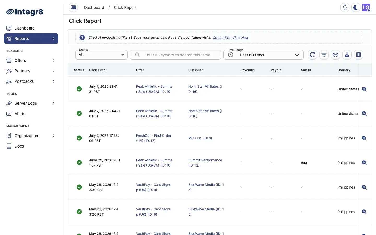 The Click Report with per-click rows