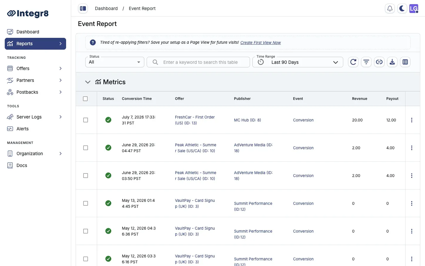 The Event Report with per-event rows