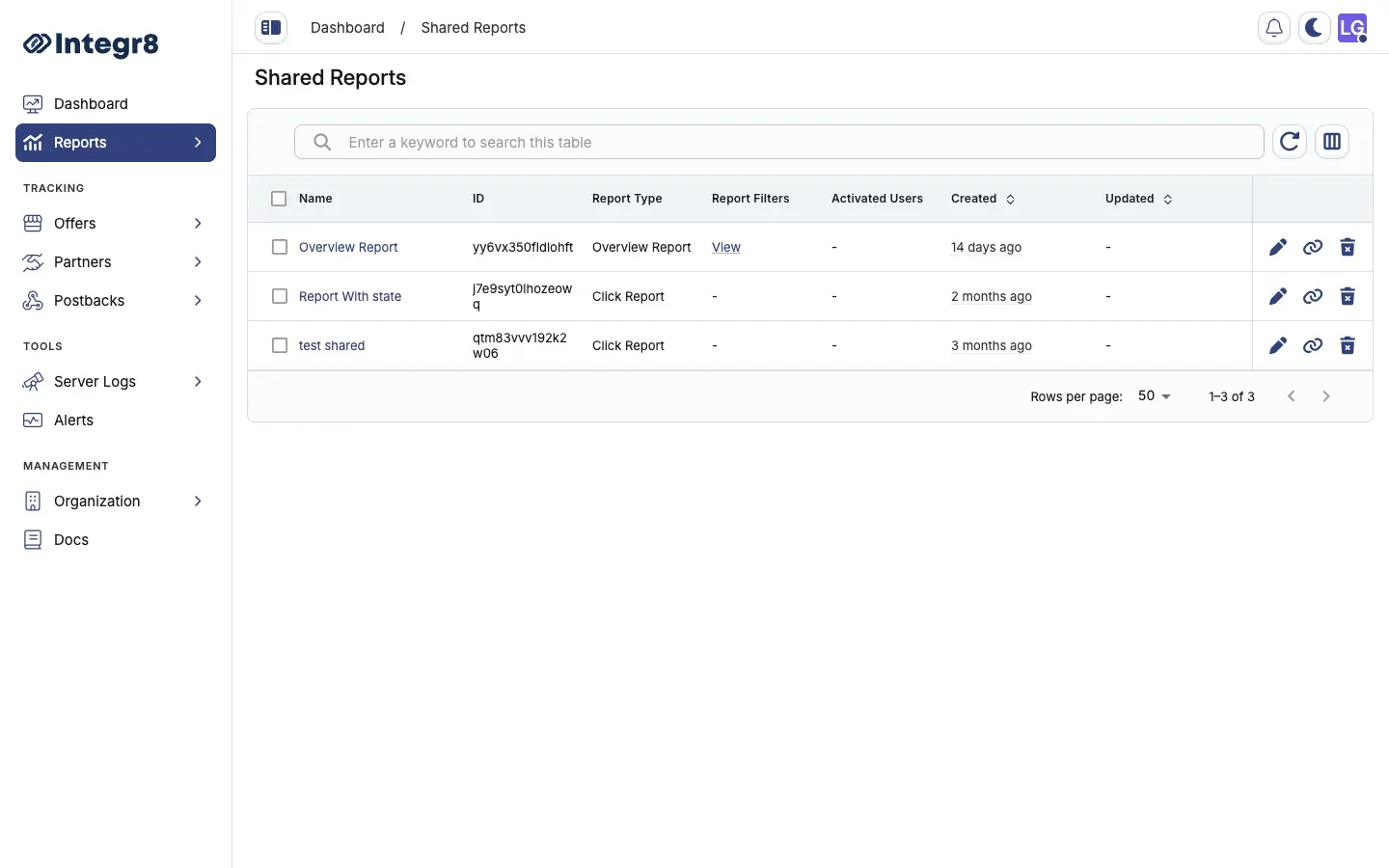 The Shared Reports management list