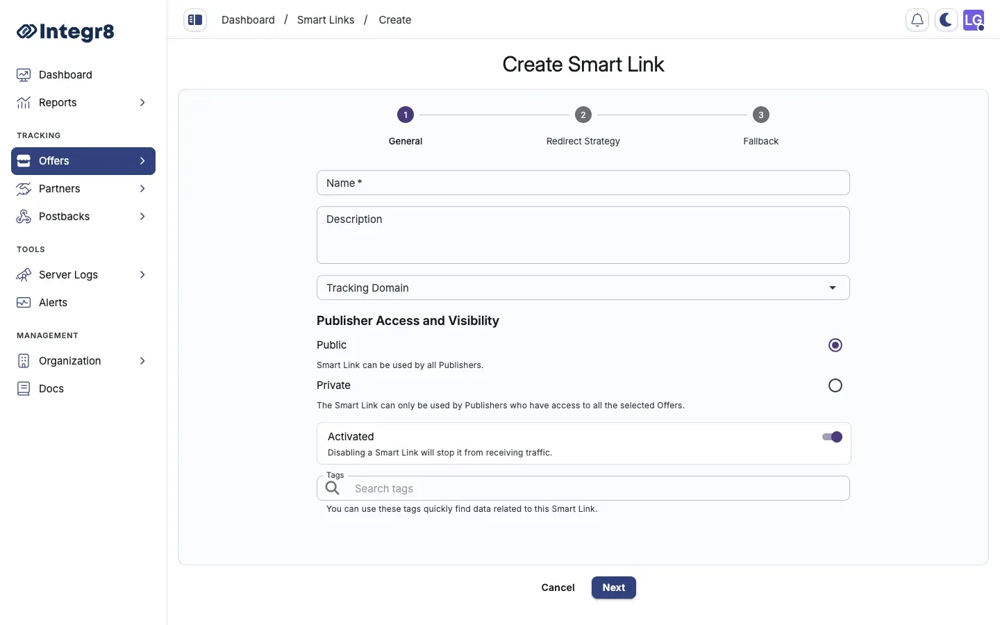 Step 1 (General) of the Create Smart Link wizard